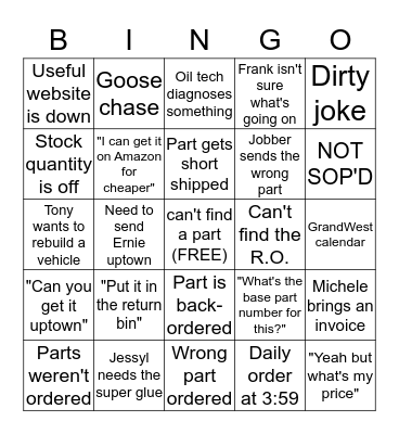 PARTS DEPARTMENT BINGO Card