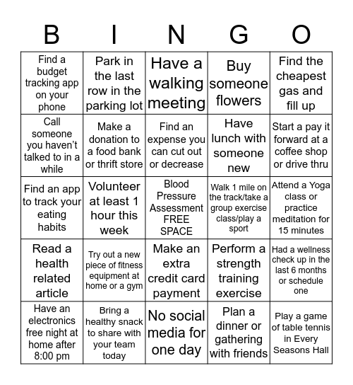 DSG Wellness BINGO Week 2 Bingo Card