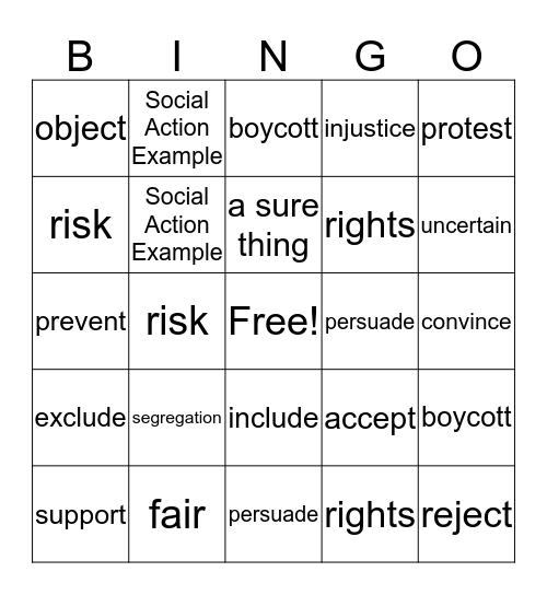 Social Action Vocabulary Bingo Card