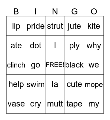 Syllable Type Bingo Card