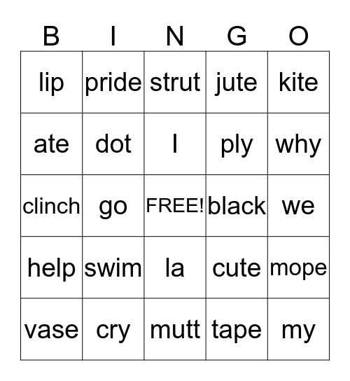 Syllable Type Bingo Card