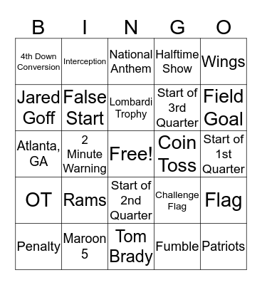Super Bowl 2019 Bingo Card