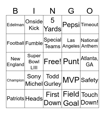 Superbowl 2019 Bingo Card