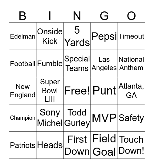 Superbowl 2019 Bingo Card