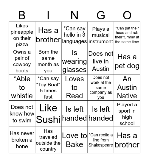 Networking Bingo Card