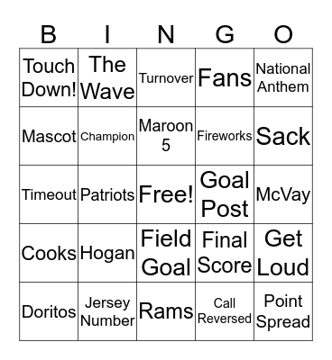 Superbowl 2019 Bingo Card