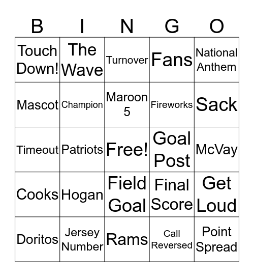 Superbowl 2019 Bingo Card