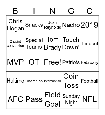 Super Bowl 2019 Bingo Card