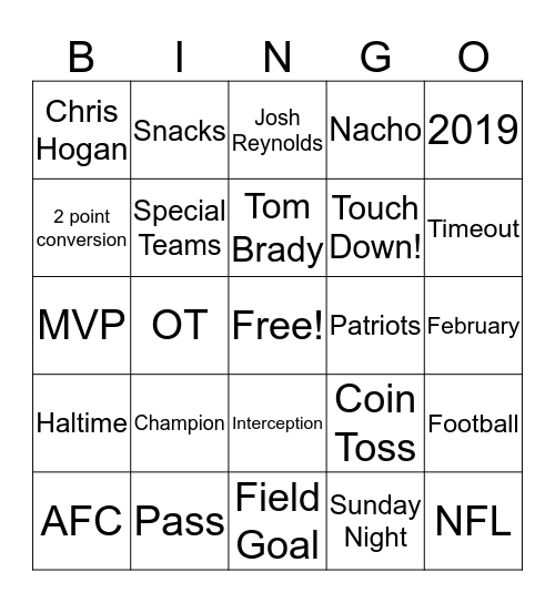 Super Bowl 2019 Bingo Card