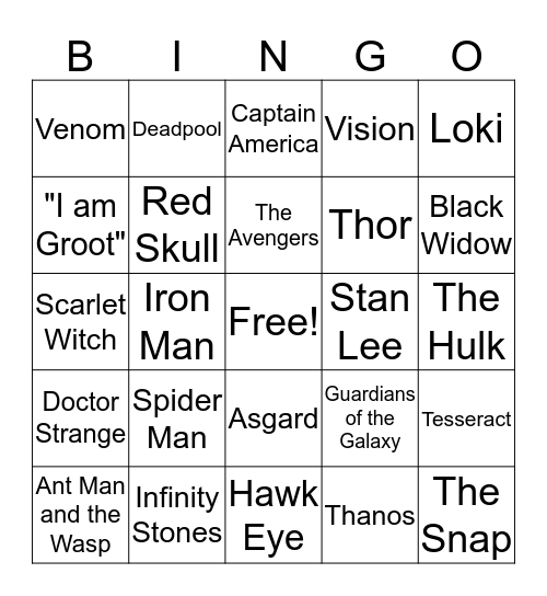 Kayla and Katie's Marvel Party Bingo Card