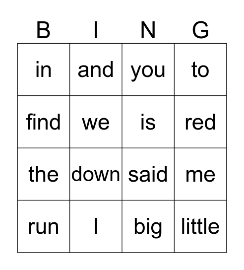 Sight Word Bingo Card