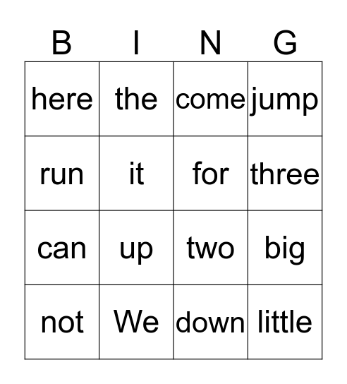 Sight Word Bingo Card