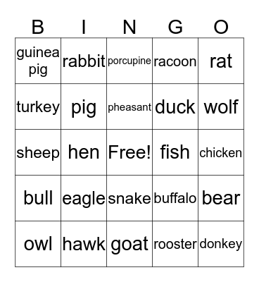 Farm Animals  Bingo Card