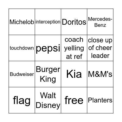 2019 Super Bowl Bingo Card