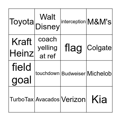 2019 Super Bowl Bingo Card
