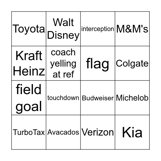 2019 Super Bowl Bingo Card