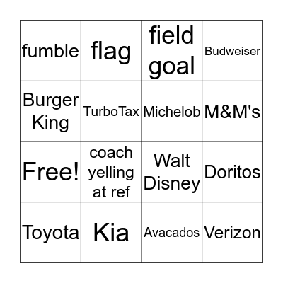 2019 Super Bowl Bingo Card