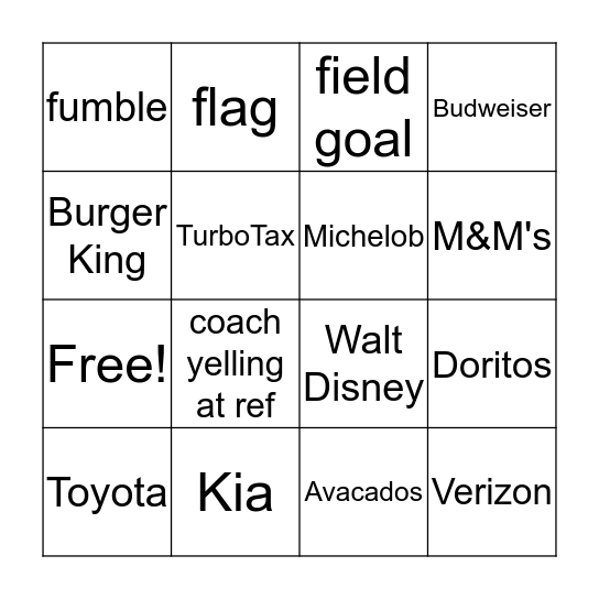 2019 Super Bowl Bingo Card