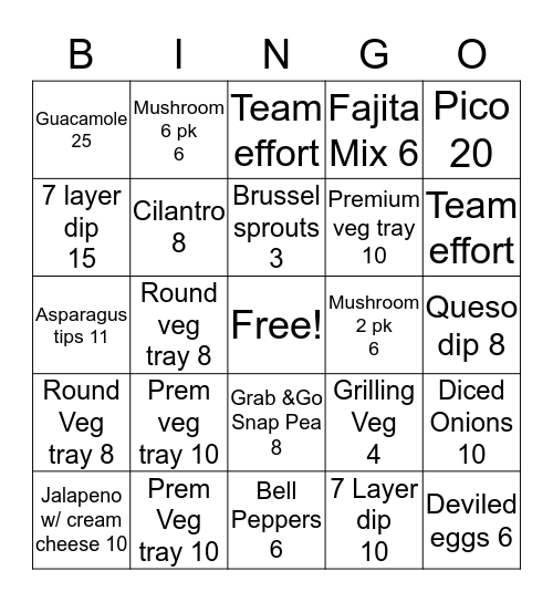 Vegie Bingo Card