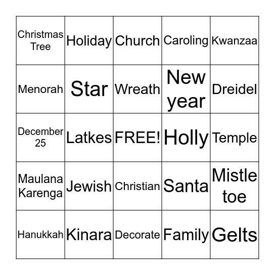 Holiday Culture Bingo      Bingo Card