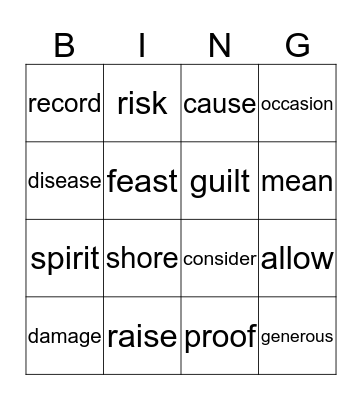 Chapter 2 Vocabulary Bingo Card