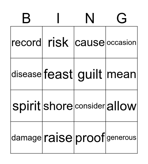 Chapter 2 Vocabulary Bingo Card