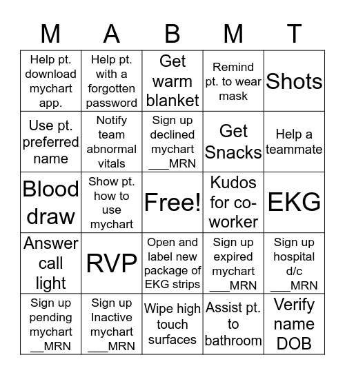 MA MyChart Extravaganza Bingo Card