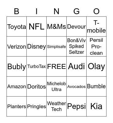 Super Bowl Ad 2019 BINGO Card