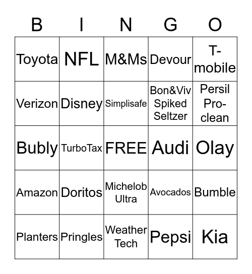 Super Bowl Ad 2019 BINGO Card