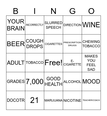 TALKING TO FRIENDS AND FAMILY ABOUT DRUGS Bingo Card