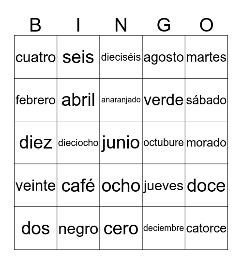 SPANISH BINGO Card