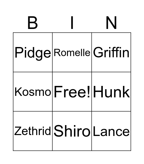 Voltron Bingo Card