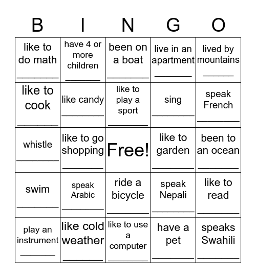 Getting to Know You BINGO Card