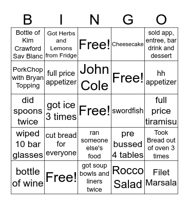 Restaraunt Bingo Card