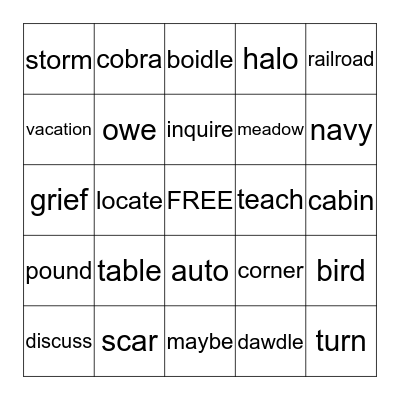 Syllable Type BINGO Card