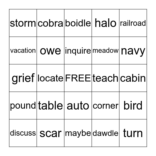 Syllable Type BINGO Card