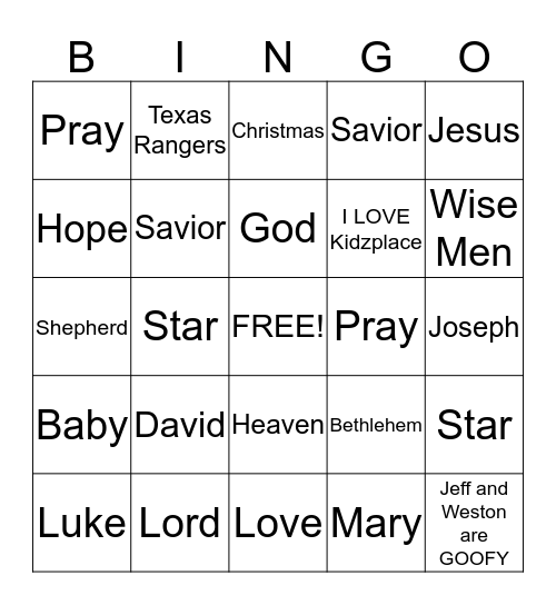 FBRC Kidz Christmas Bingo Card