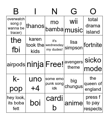 RaNdOm Bingo Card