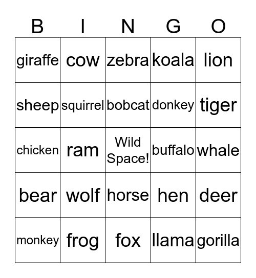 Animal  Bingo Card