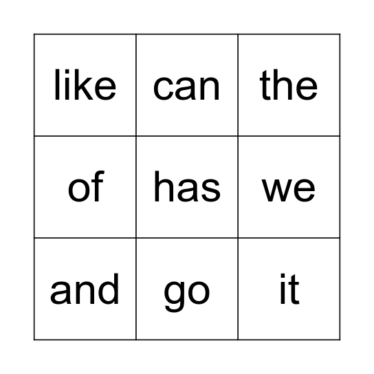 SNAP WORD BINGO Card
