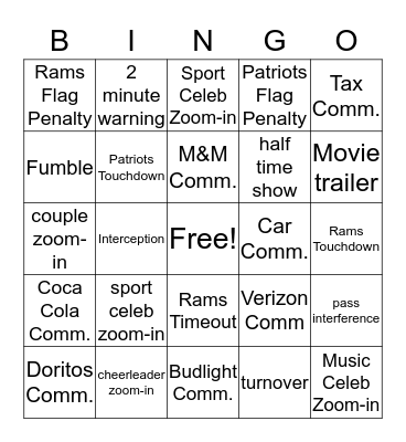 Super Bowl Bingo Card