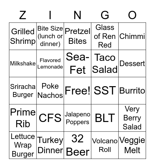 ZINGO (dinner) Bingo Card