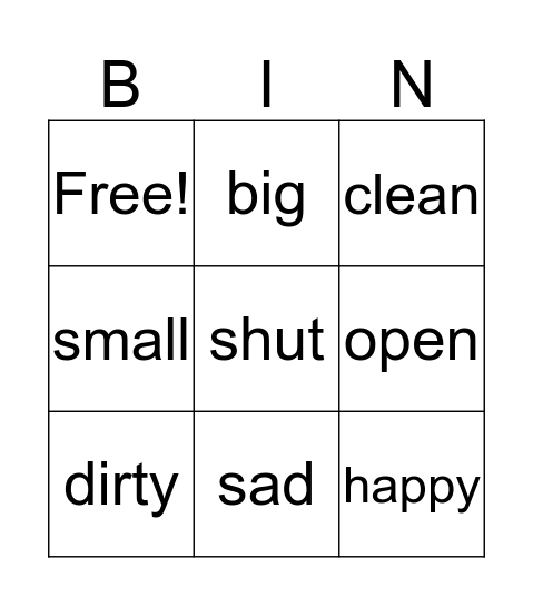 opposite adjectives Bingo Card