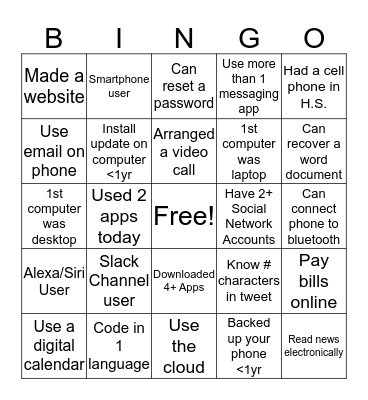 Digital Literacy Bingo Card