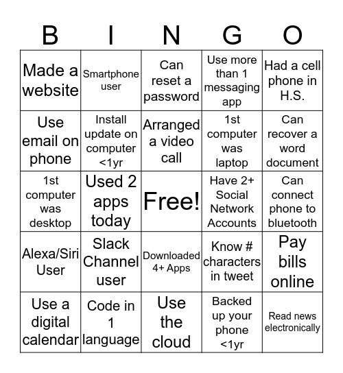 Digital Literacy Bingo Card