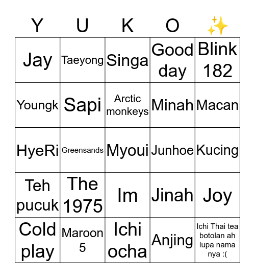 Punya Yuko Bingo Card