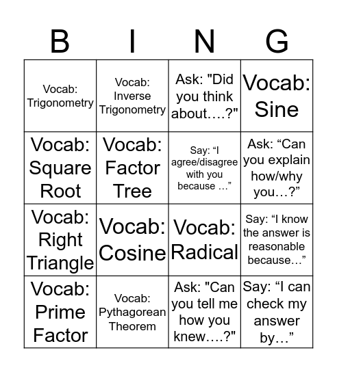 Classroom Discussion Bingo Card