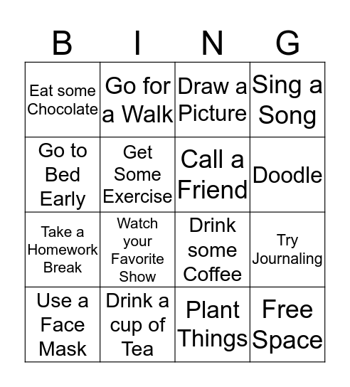 Self-Care Techniques Bingo Card