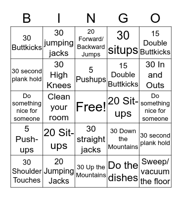 Fitness Bingo Card