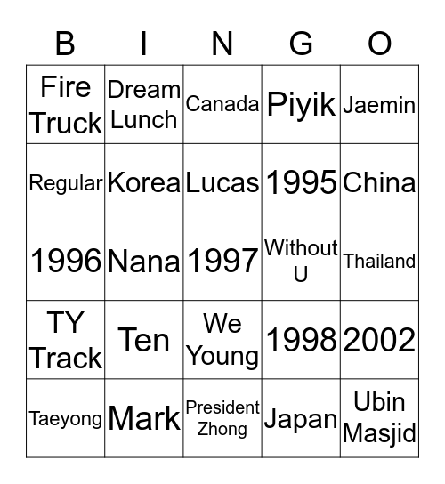 BINGO with NCT Bingo Card